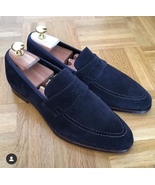 Handmade Men&#39;s Navy Blue Suede Slip Ons Loafer Shoes - $149.99+