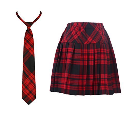 Girl`s Plaid Elasticated Pleated School Skirt With Pre-Tied Adjustable Necktie S
