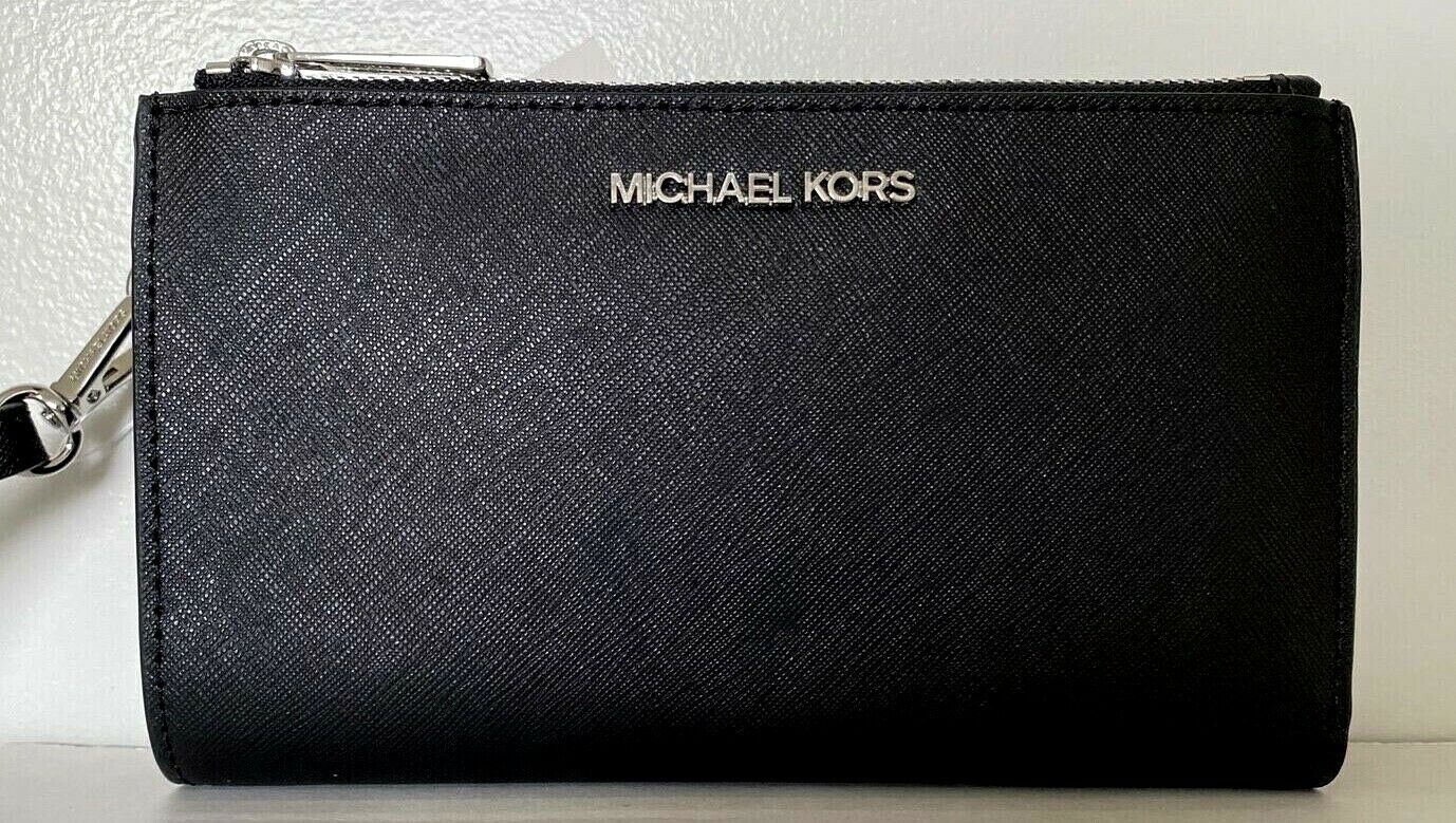 NWT Michael Kors Jet Set Travel Double zip wristlet Leather wallet Black Silver