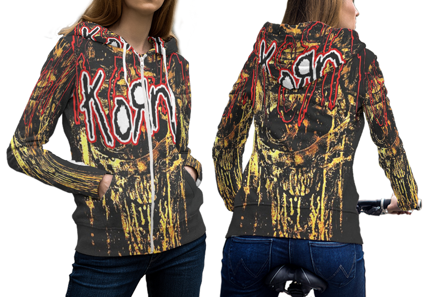 Korn Full over Print Zipper Hoodie for Women - Sweatshirts, Hoodies