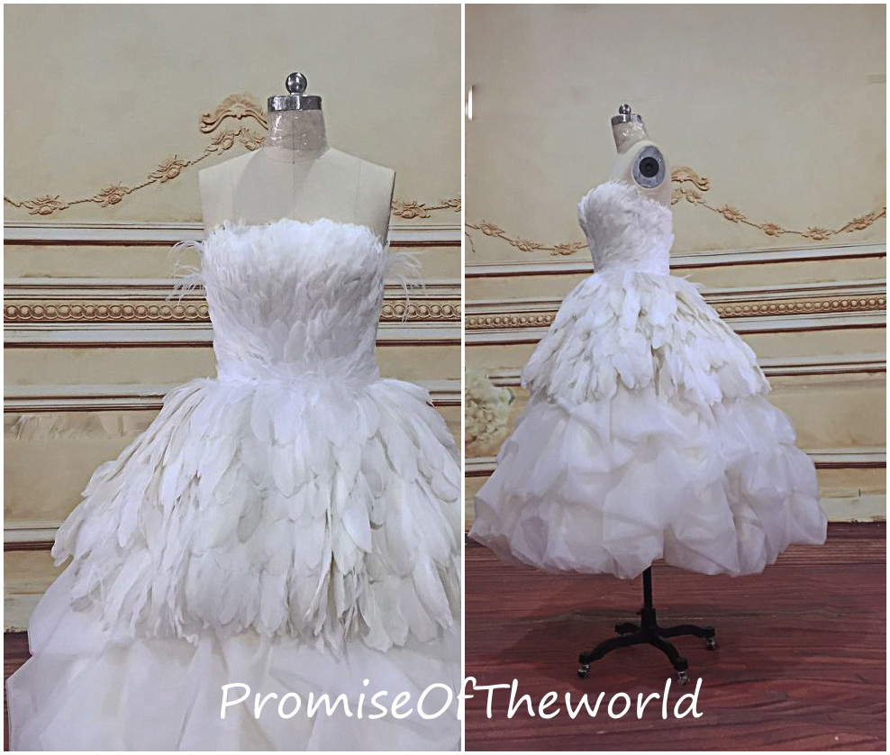 Gorgeous strapless feather tulle ball gown wedding dress calf length ...