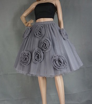 Women Black Midi Tulle Skirt with Flower Plus Size Ruffle Tutu Midi Skirt Outfit image 9