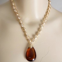Vintage Faux Pearl Amber Glass Pendant Necklace - $29.00