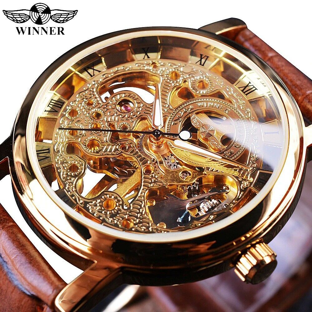 Winner Golden Transparent Luxury Men Wrist Watch Skeleton Mechanical Leather