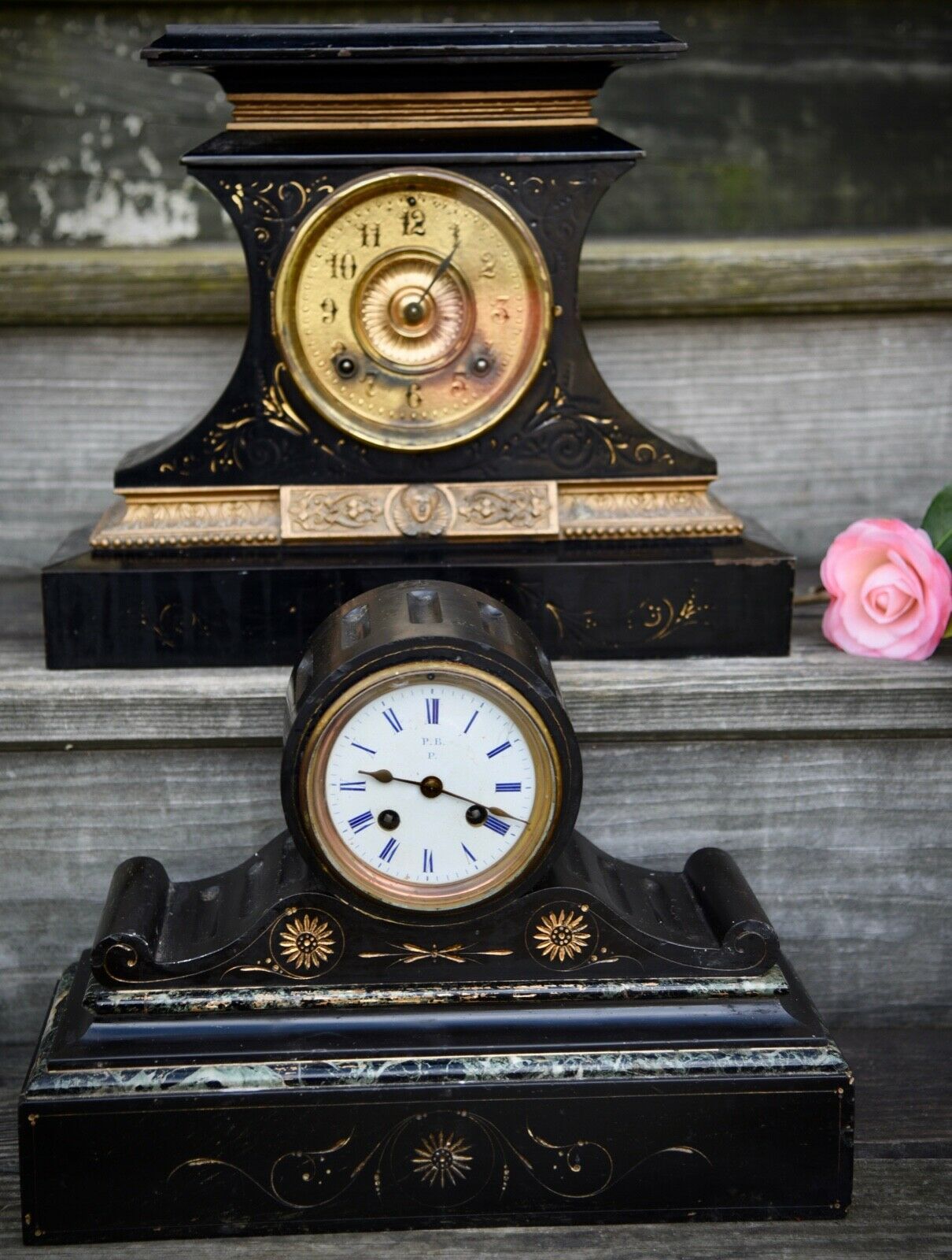 Antique Black Cast Iron Ansonia Mantel Mantle Clock Pat June 18 1882 Ornate NICE Shelf, Mantel