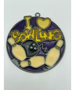 Vintage I Love Bowling Suncatcher Stained Glass Purple 3.5 Pins Glitter - $18.00
