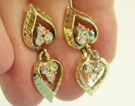 AB Rhinestone Dangle Heart Gold Plate Clip Earrings Aurora Borealis Estate - $13.37