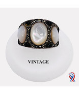 Sz 6 VINTAGE Mother-of-Pearl 3 Gemstone Ring 925 Sterling Silver Marcasi... - $105.00