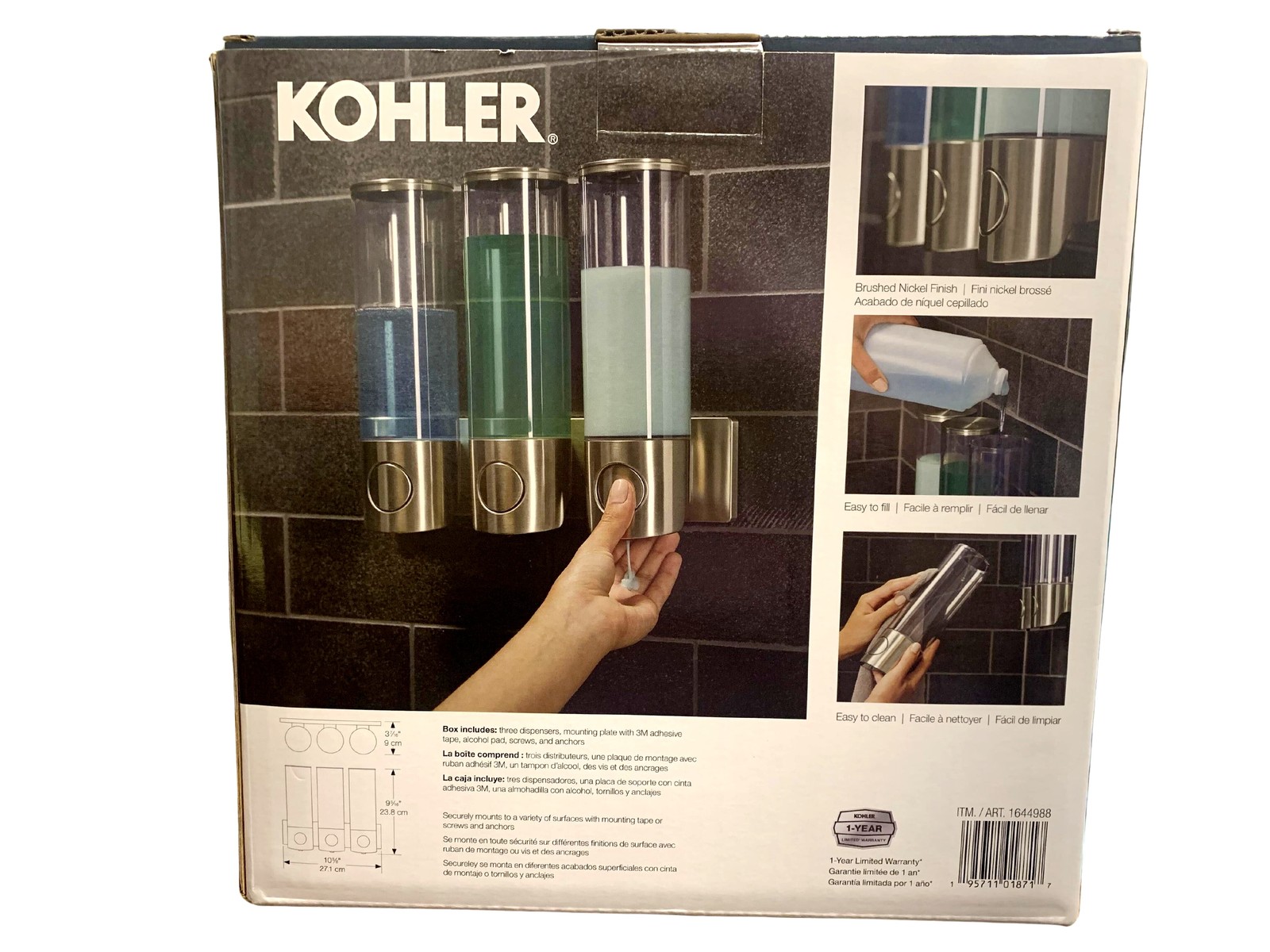 Kohler Triple Wall Mount Shower Dispenser Holds 16.9oz Brushed Nickle