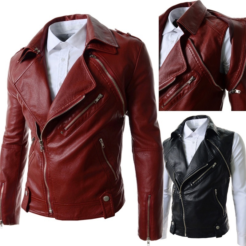 2021 new personality split men's short leather collar high quality men red leath
