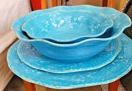XL 4-Piece MCM Rustic Melamine Serving Bowls AND Platters LIght Blue Tur... - $49.99