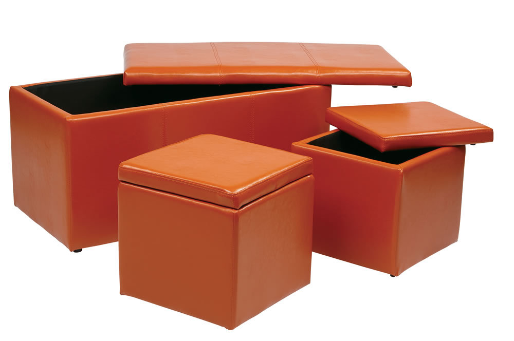 3 Piece SET Bold Colors Vinyl 34.5W 1 OTTOMAN Bench + 2 Storage Cubes