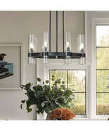 8-Lights Modern Cylinder Glass Chandelier 25&quot; Wheel Matt Black Pendant Lamp - $559.99