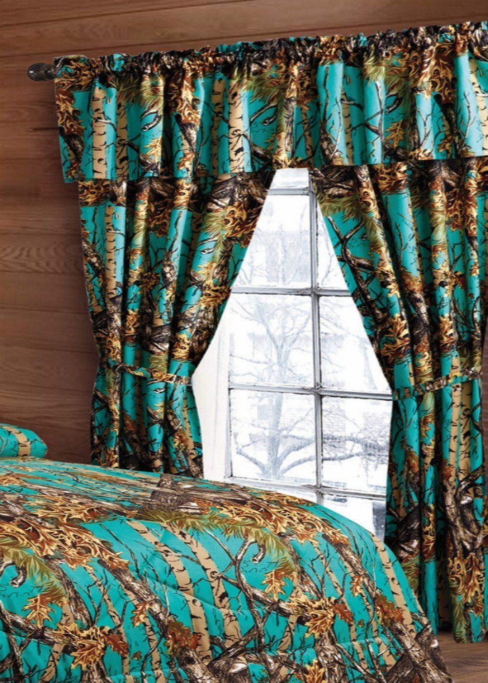 FULL SIZE TEAL CAMO BEDDING 6 PC CURTAINS AND COMFORTER ONLY CAMOUFLAGE