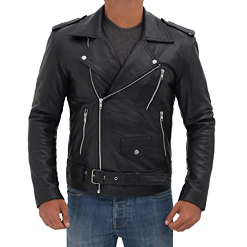 Belted Black Real Leather Motorcycle Jacket For Mens