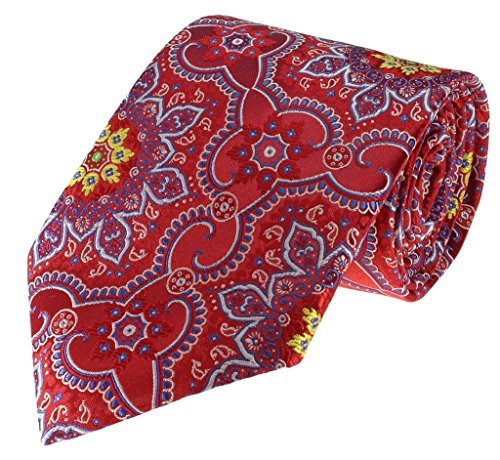 Mens 7 Fold Necktie Red Yellow White Fancy Geometric Designer Tie - Ties