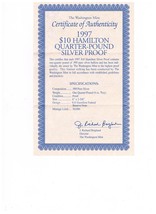 1997 $10 Hamilton Quarter-Pound Silver Proof - $120.00