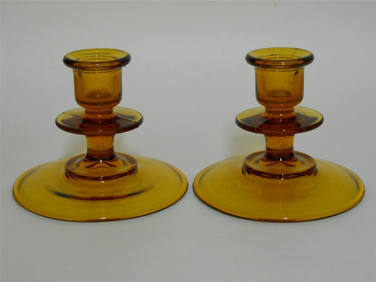 Vintage Amber Glass Candlestick Candle Holders 2 Indiana Diamonds No625 Unknown Maker