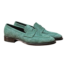 Handmade Men's Green Suede Slip Ons Loafer Shoes image 1