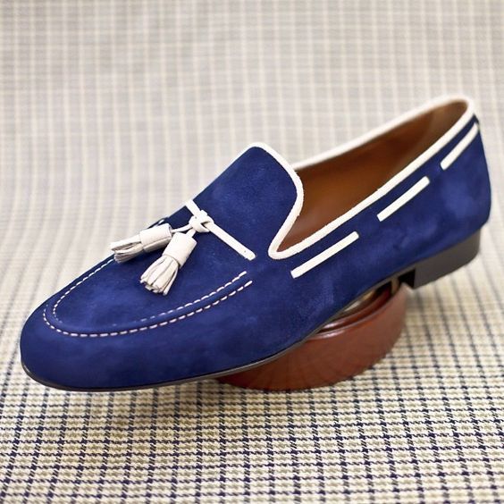 Handmade Blue Suede Moccasin Shoes, Slipper Tussle Leather Party Dress ...