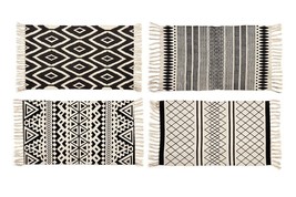 Area Rugs with Fringe Set of 4 Designs Black and Cream 100% Cotton 20" x 31.5"