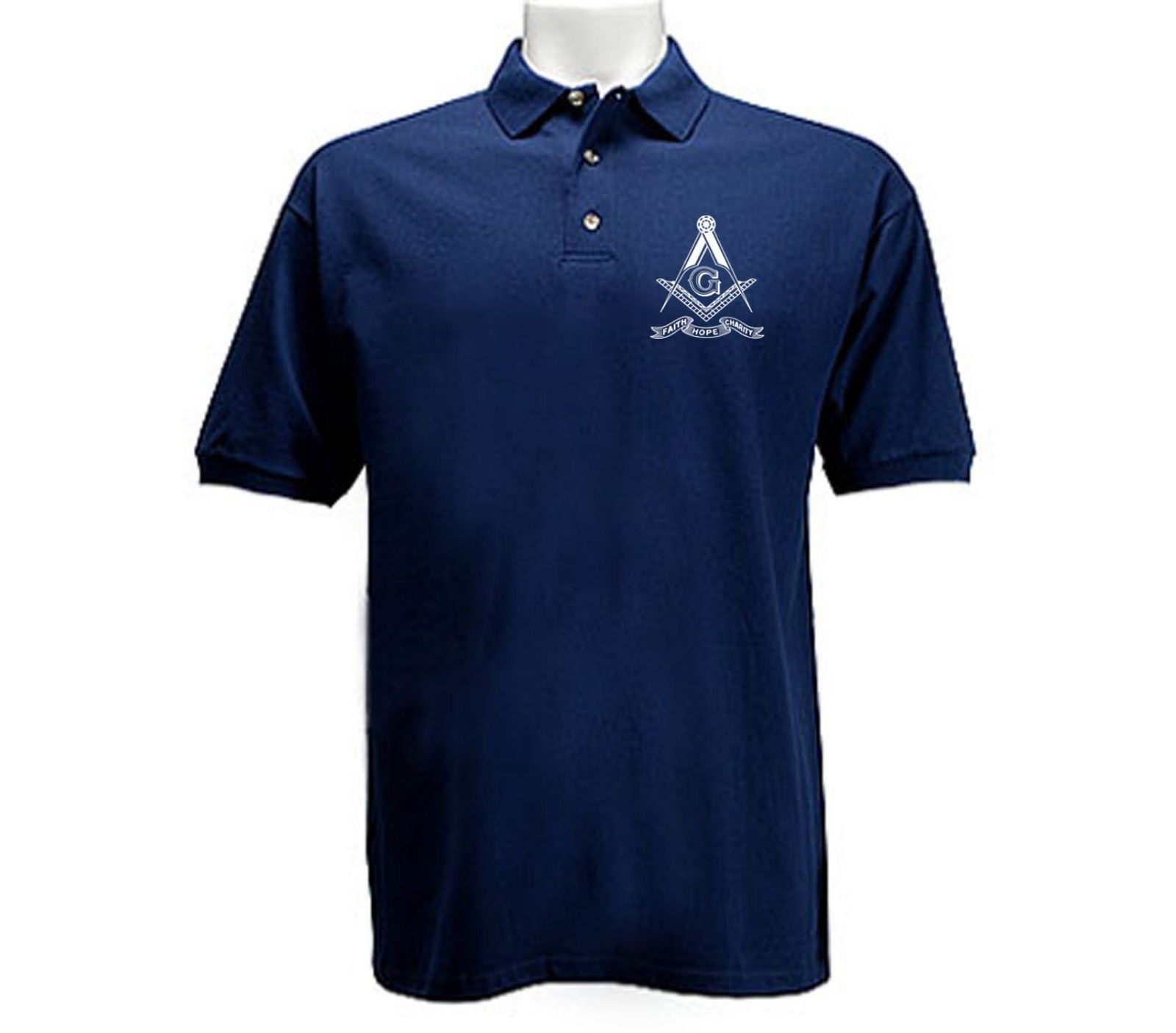 Masonic emblem Square &Compasses Faith Hope Charity polo style navy ...