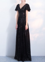 Women BLACK Sleeved High Waist Maxi Sequin Dress Plus Size Long Sequin Dresses image 4