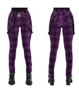 Gothic Pants Women Fashion High Waist Zipper Purple Plaid Punk Style Pants  - $59.99