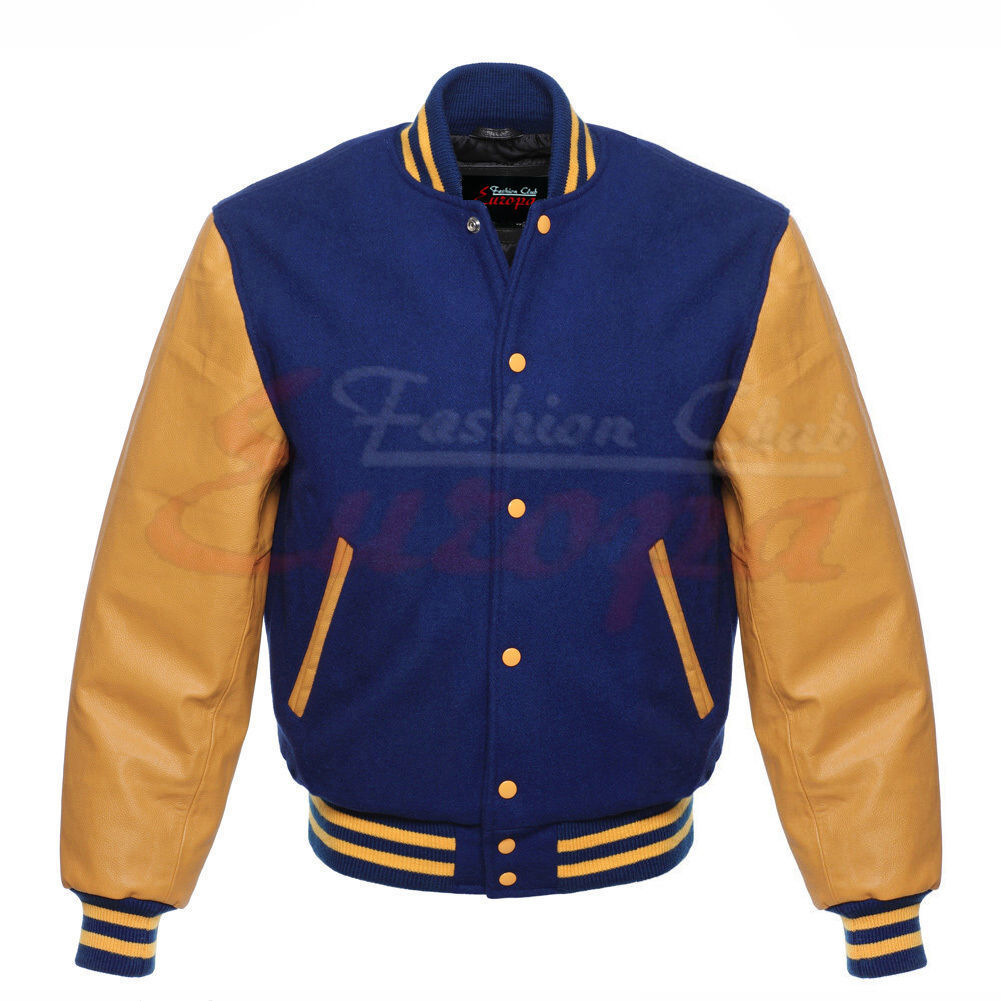 Varsity Royal Blue Letterman Men Wool Jacket with yellow Real Leather Sleeves
