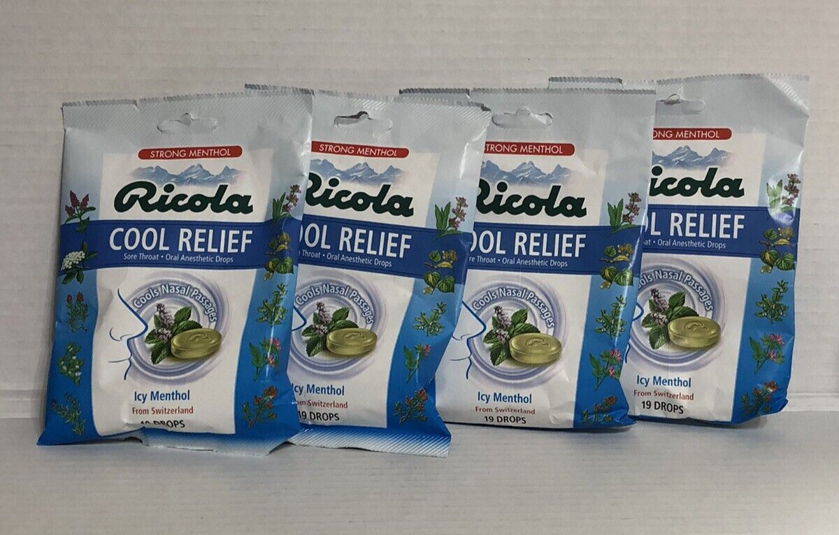 4 Pks Ricola Cool Relief Icy Menthol Sore Throat Drops 19 Ct Each
