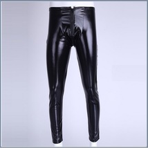 Men's Skin Tight Black Color Faux Latex Zipper Pouch Stretch Pants Leggings  image 2