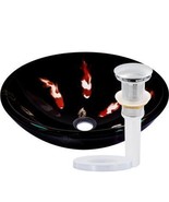 Fiche Black Glass Round Vessel Sink in Chrome Koi Design with Drain  - $250.99