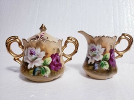 Lefton China Heritage Brown Floral Roses Sugar Bowl w/Lid &amp; Creamer Set ... - $32.66
