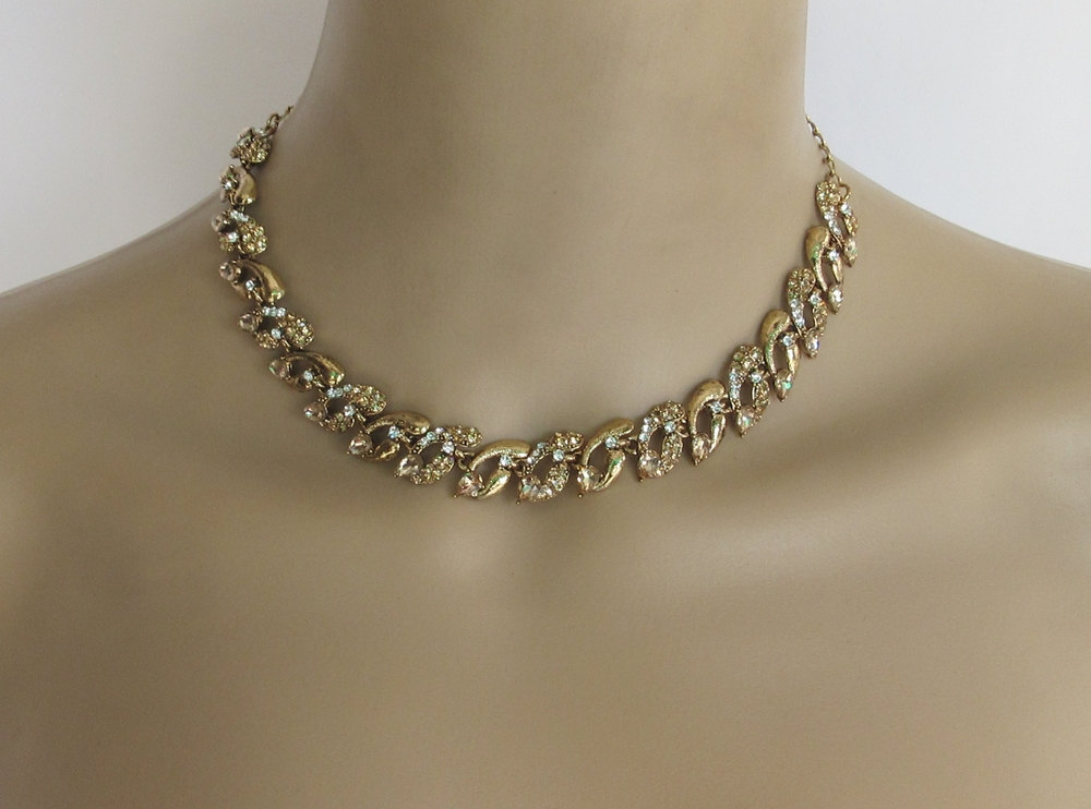 Gold Antique Rhinestones Choker Necklace Jewelry Set With Earrings ...