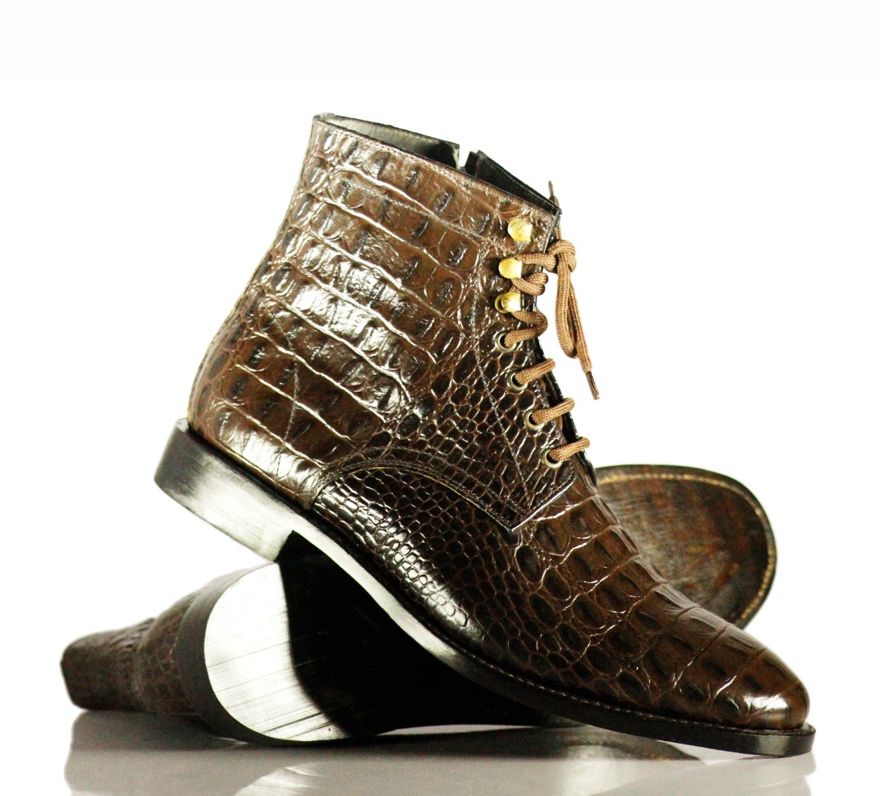 Handmade Mens Brown Alligator Textured Leather Lace Up & Side Zipper Ankle Boots