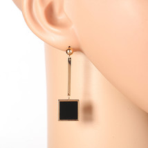 Rose Tone Drop Earrings, Jet Black Inlay & Dangling Square - $26.99