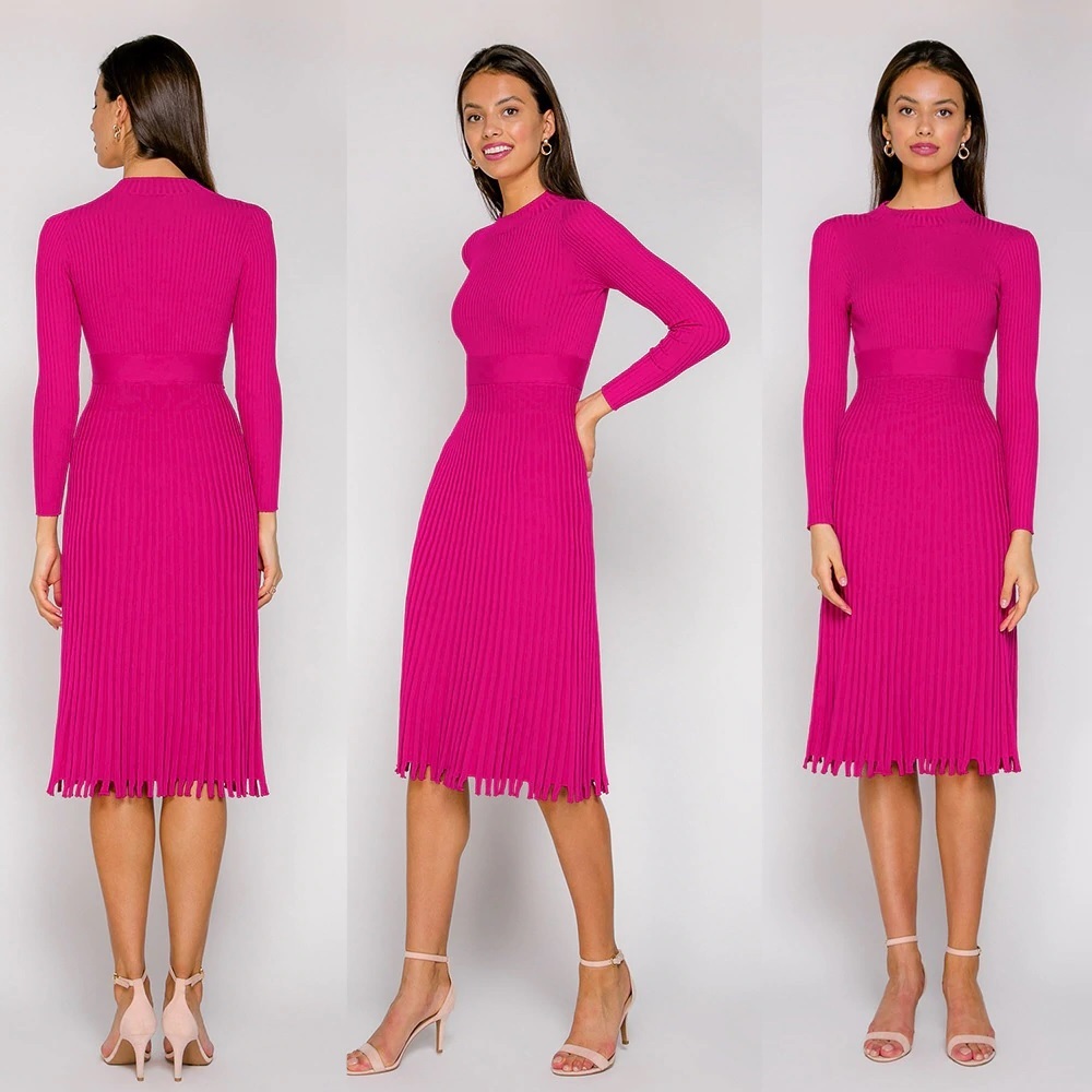 New fuchsia pink knitted ribbed long sleeve pleated midi length women ...