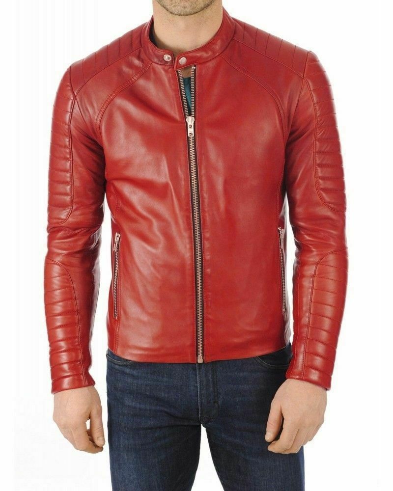 Men's Genuine Lambskin Leather Jacket Biker Motorcycle Bomber Slim fit Mens Coat