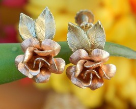 Vintage Krementz Rose Flower Earrings Two Tone Gold Screw-Back Signed - $24.95