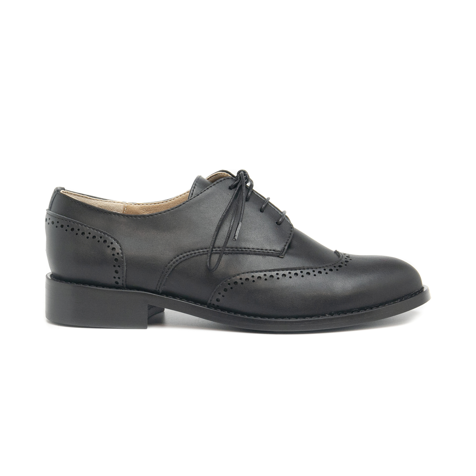 Derby WingTip & brogue pinking on black vegan leather lined Classic Casual style