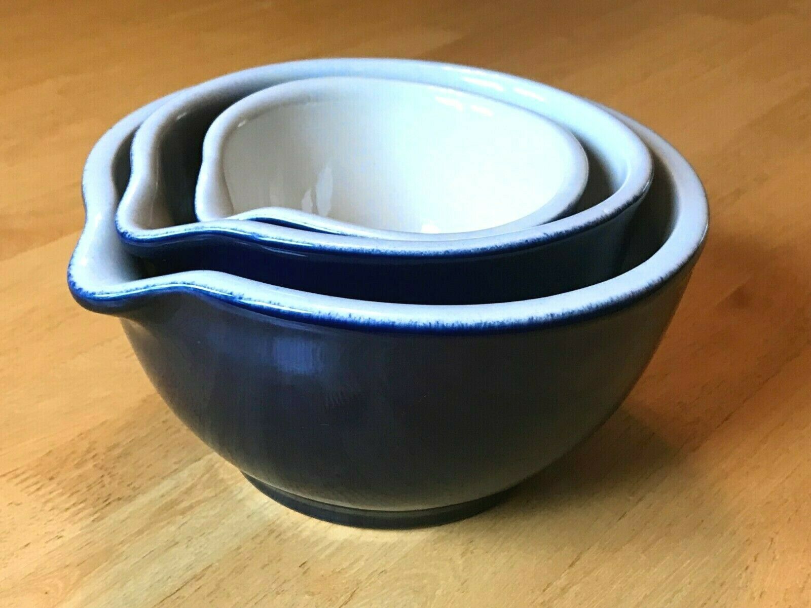 Heavy Vintage Stoneware Mixing Bowl Set (3) Cobalt Blue Deltis Pottery