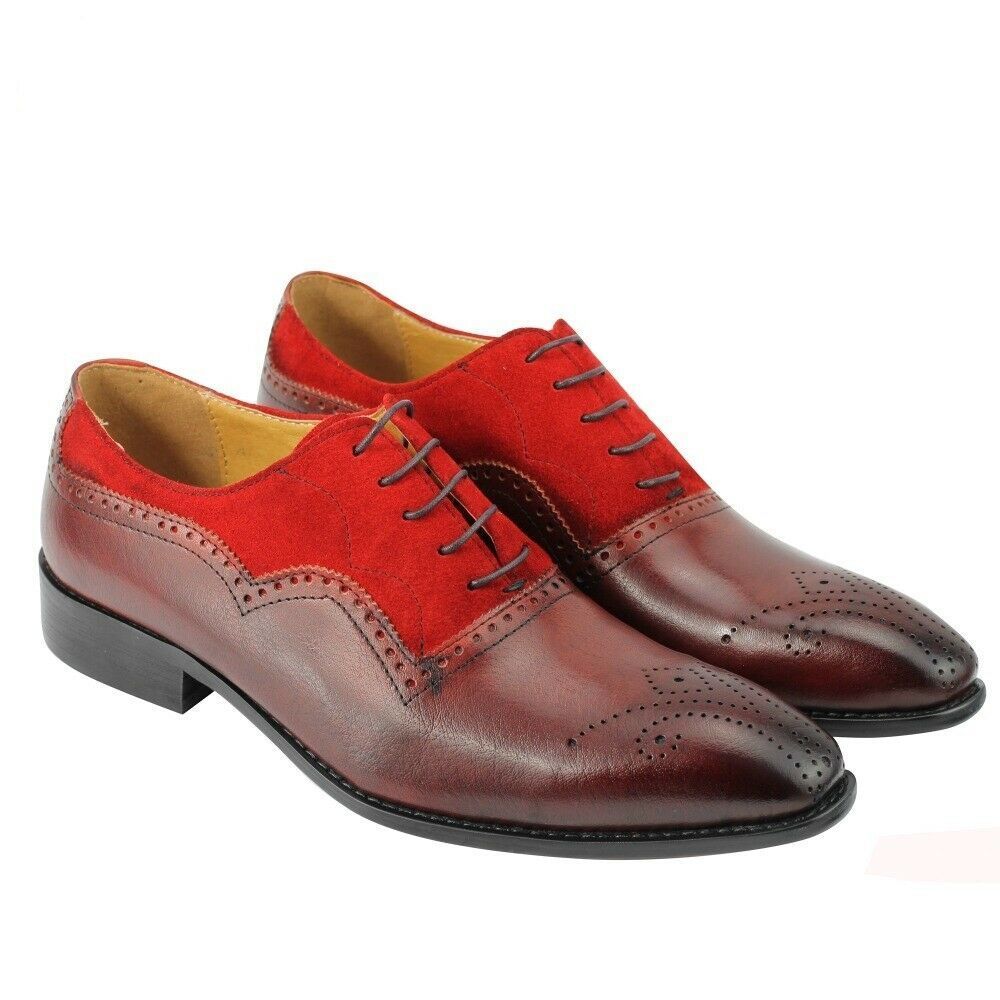 Men Red Suede Maroon Burnished Brogue Toe Handmade Premium Leather Laceup Shoes