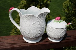 White Ceramic Pitcher Sugar Bowl Lid Spoon Berry Accent Cabbage Leaf Des... - $29.68
