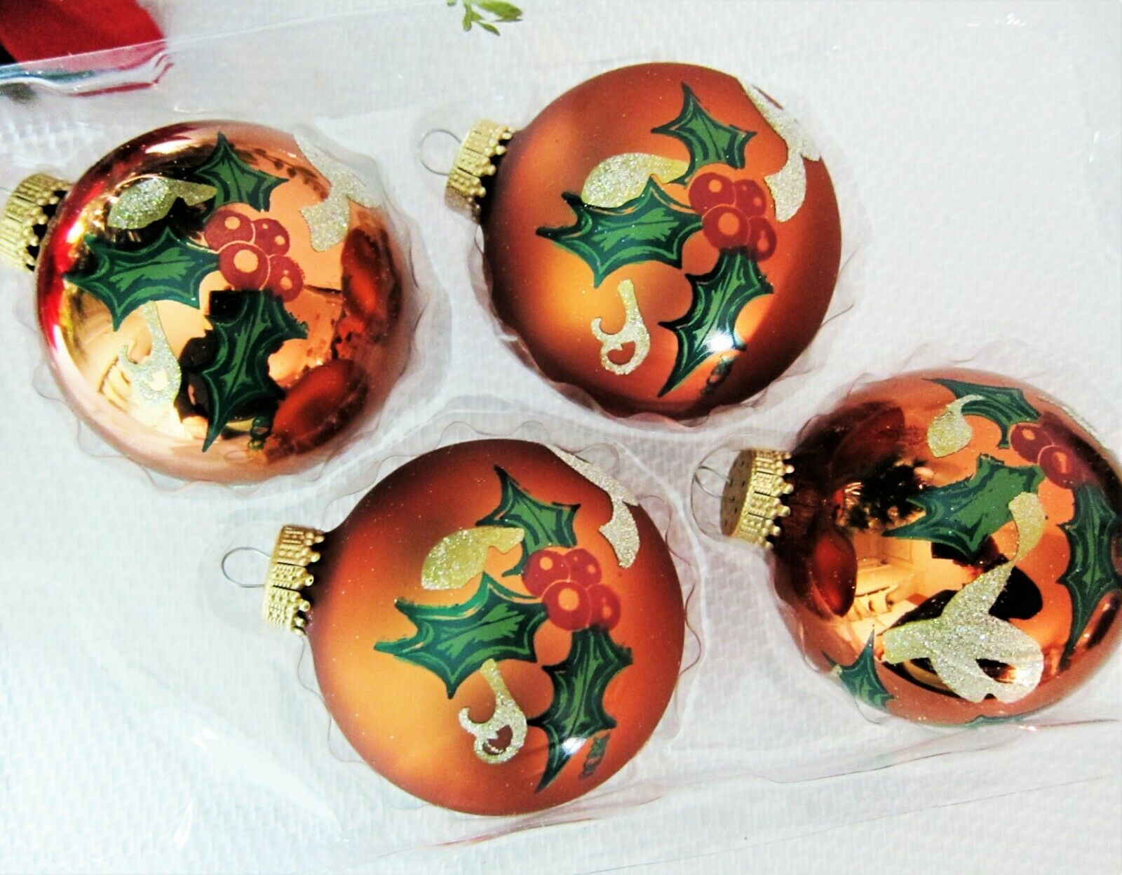 4x Krebs Glas Lauscha Germany COPPER Glittery Glass Ornaments Satin