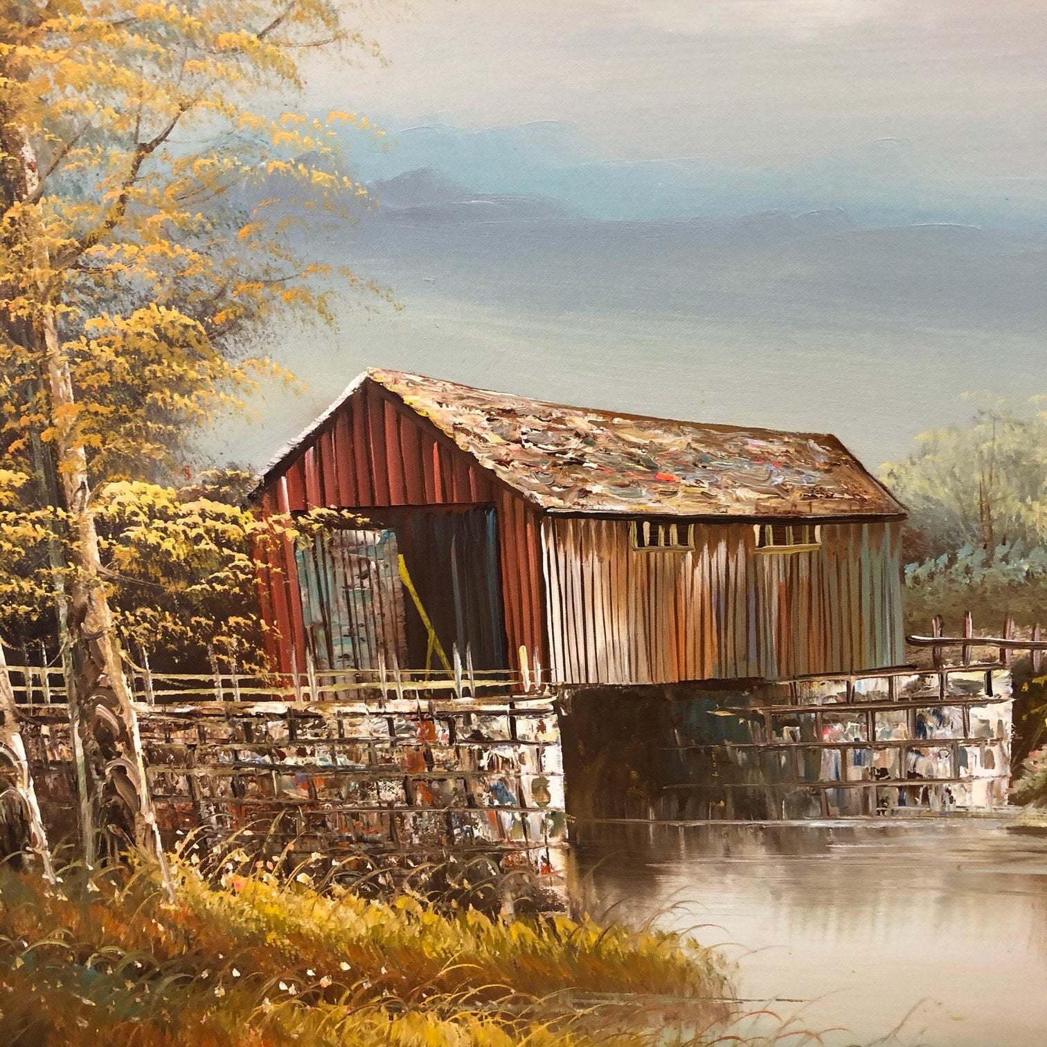 Vintage Signed R. Harris Oil Painting Covered Bridge Rural 