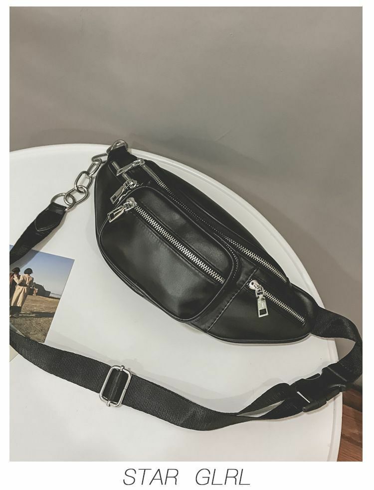Black Fanny Pack Across Chest Faux Leather Waist Belt Bag with Chain ...