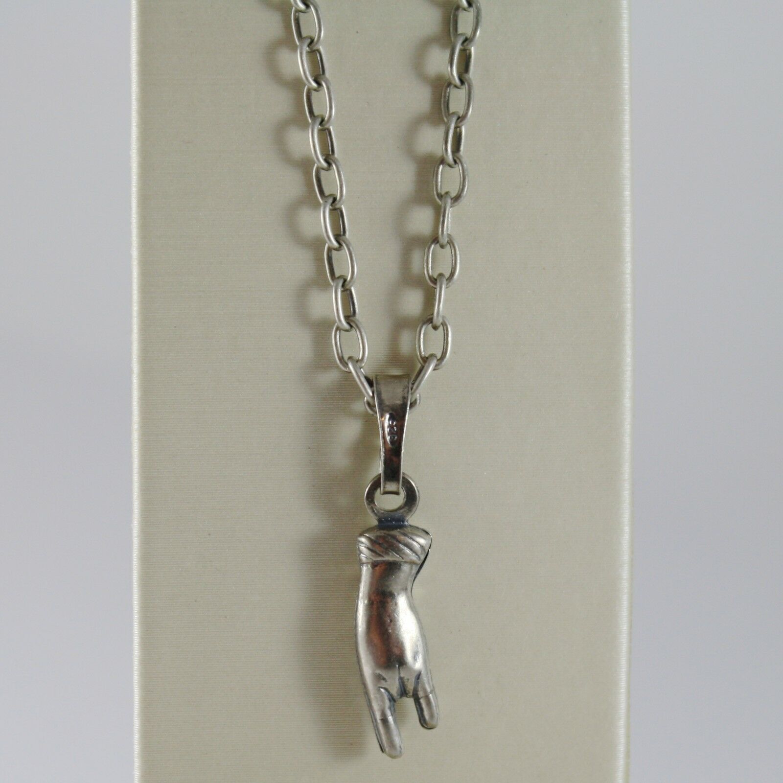 Primary image for 925 BURNISHED SILVER HAND HORNS NECKLACE PENDANT WITH OVAL CHAIN MADE IN ITALY