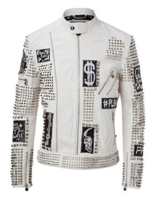 Men's Philipp Plein White Full Studded Embroidery Patches Genuine Leather Jacket