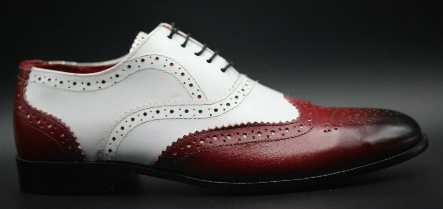 Oxford Leather Shoes Two Tone Burgundy White Burnished Brogue Premium Quality