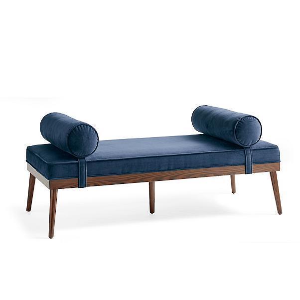 Mid Century Modern Blue Velvet Bench With Bolster Pillows Entryway